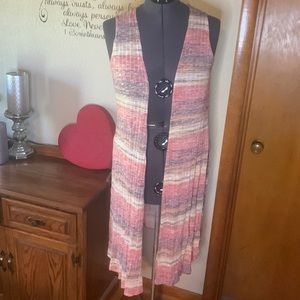 LULAROE | Joy Longline Duster Vest Festival Orange Yellow Cream Brown Stripe | S